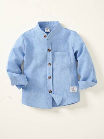 Young Boy Letter Patched Detail Pocket Front Shirt Chic Outfits For Autumn/Winter