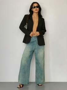 SHEIN PETITE Young Women Casual Grey Textured Oversized Long Sleeve Loose Blazer For Commuting Autumn Winter Clothes For Women - Black - View 9