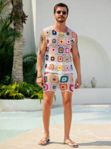 Manfinity Swimmode Men's Bohemian Style Round Neck Sleeveless Knitted Top And Shorts, 2 Pieces Knit Suit Crochet