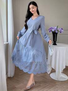 DAZY Elegant V-Neck Lace Patchwork Waist Belt Midi Dress For Wedding Guest, Spring,Fall Clothes Long Sleeve Dress - Blue - View 3