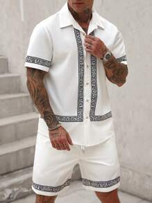 Manfinity Homme Set da 2 pezzi per uomo, composto da camicia a maniche corte con stampa geometrica + pantaloncini con coulisse, tuta unica con motivo boemo, adatta per uso quotidiano e vacanze, ottimo regalo per il tuo ragazzo o marito