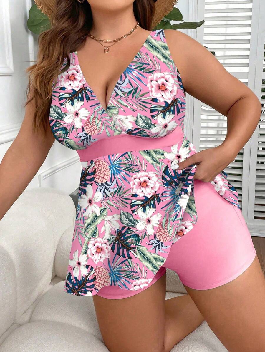 Swim Lushoire Traje de baño tankini de talla grande para mujer con parte superior con tirantes y estampado de datos, con abertura - Rosa - Ver 1
