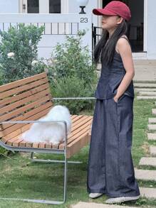 DAZY 2pcs Tween Girls Denim Suspender Top And Jeans Pants Set, Fall - Dark Wash - View 2