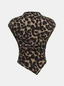 SHEIN Leap Crew Teen Girl Spring & Summer, Valentine Day Clean Girl, Spring/Knitted Texture Fabric Asymmetric Hem Leopard T-Shirt, Suitable For Spring And Summer Wear, Gathering