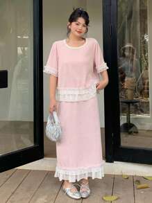 Dazy Plus 2 pezzi/set top e gonna con scollo rotondo, balza sul fondo e colore a contrasto