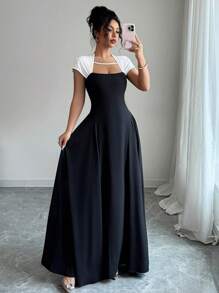 Elenzga 黑白撞色腰部褶饰优雅连衣裙