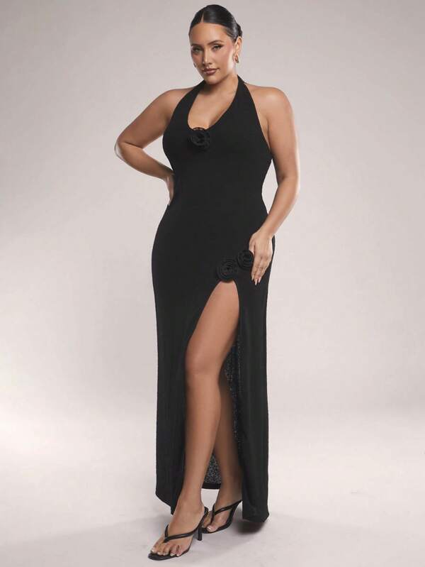SHEIN BAE Plus Size Women's Black Long Knitted High Slit V-Neck Dress, Suitable For Daily, Outing, Date, Afternoon Tea, Vacation, Spring/Summer, Mothers's Day, 4th Of July, Summer Outfits For Women, Graduation Dresses For Women, Summer Dresses For Women, Black Dress, Mother Day Dress, Graduation Dresses For Women, Spring Dresses For Women, Birthday Dresses For Women