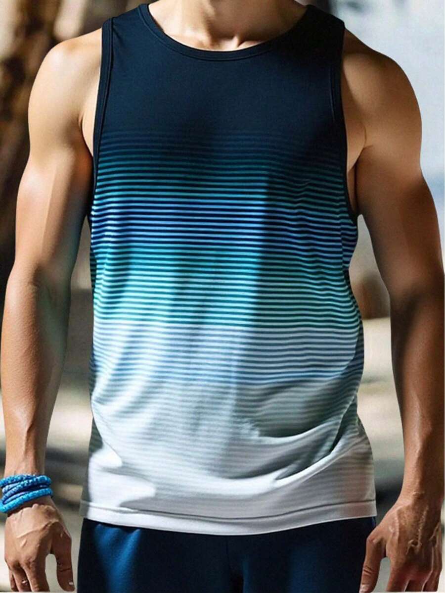 SHEIN Gradient Blue & White Print Casual Tank Top For Teen Boys, Comfortable, Fashionable, Versatile, Soft Fabric, Suitable For Daily Wear, School, Outdoor, Sports, Beach Vacation