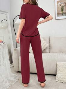 Heart Printed Women Casual Loungewear Set Outfit - Burgundy - View 2