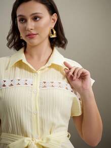 Flouryn 热销女士休闲优雅编织纹理纯色拼布镂空蕾丝花领系腰蝴蝶袖中长宽松连衣裙，加大码，夏季 - 杏色 - 查看 5