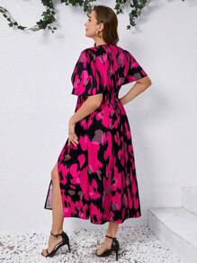 SHEIN Clasi 大码女式度假扎染花卉印花荷叶边袖优雅长裙 - 玫紅色 - 查看 2