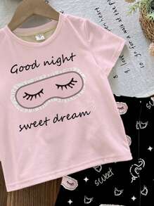 SHEIN Leap Crew Tween Girls Cartoon Printed Pink Eye Mask Casual Minimalist Round Neck Short Sleeve Shorts Pajama Set, Suitable For Summer - Multicolor - View 3