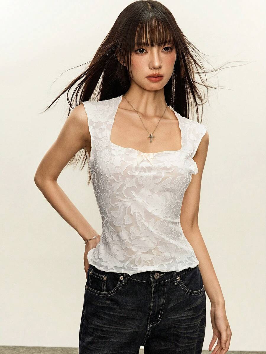 Rina Fox Sexy Sheer Jacquard Square Neck Bow Decor Tight Fitted Women T-Shirt - White - View 1