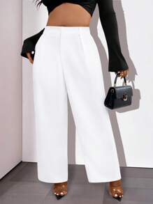 SHEIN PETITE CURVE Pantalones casuales anchos con bolsillos para mujer de talla grande - Blanco - Ver 1