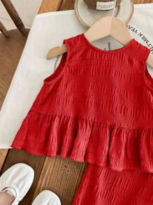 SHEIN Set Rompi dan Celana Merah untuk Bayi Perempuan, Tampilan Liburan yang Menggemaskan - Merah - View 8