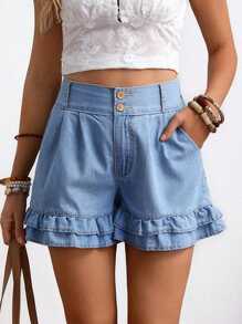 EMERY ROSE Plus Size Women Casual Wash Denim Shorts, Asymmetric Pocket & Ruffle Hem, Summer