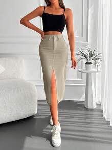 EURMUSE High Waist Split Thigh Denim Skirt - Beige - View 3