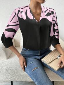 Chiquease Women's Casual Daily Pattern Print V-Neck Blouse - Pink - View 6