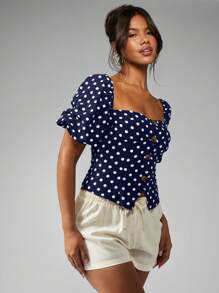 MISSGUIDED LINEN POLKA DOT TAILORED PUFF SLEEVE TOP