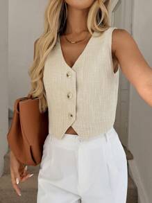 Easowa Old Money Style 女式无袖纯色休闲衬衫，极简风格适合日常穿着，优雅的通勤装，对称门襟背心，纹理面料，春夏季上衣商务休闲女式办公室服装女士工作服女士 Old Money Style 女式教师服装女士短款上衣女士办公室服装女士教师服装工作上衣 Old Money Style