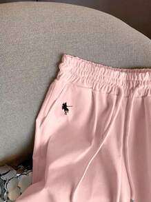 SHEIN 全新宽松小马刺绣休闲纯色修身直筒裤女款秋季女装 - 粉色 - 查看 3