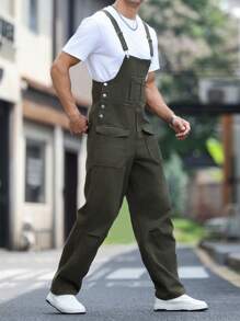 Manfinity Homme Men's Casual Denim Bib Overall With Pockets, For Daily Wear - Army Green - View 4
