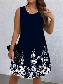 EMERY ROSE Plus Size Navy Blue Floral Print Comfortable Casual Dress - Multicolor - View 3