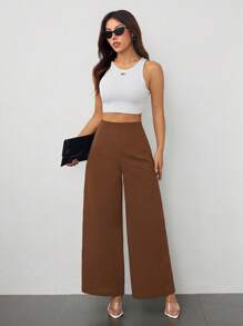 SHEIN PETITE Quần ống rộng họa tiết cạp cao đơn giản, thoải mái cho mùa tựu trường dành cho nữ, quần thu - màu nâu - Xem 4