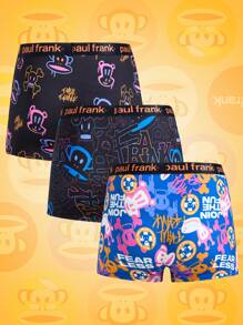 Paul Frank X SHEIN Men's 3pcs Blcak Letter & Cartoon Monkey Print Fashionable Breathable Boxer Briefs Trunks, Boxer Briefs For Men - Black - View 2