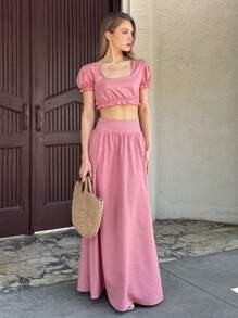 EURMUSE Women's Vacation Set  Shoulder Ruffled Crew Neck Top And Ruffled Maxi Skirt With Pleat. Chic And Cozy - Baby Pink - View 2