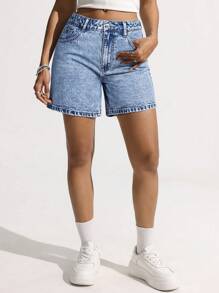 SHEIN EZwear 女士蝴蝶结刺绣口袋休闲牛仔短裤，夏季 - 淺色水洗藍 - 查看 4