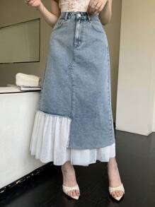 DAZY Women's Elegant Denim Skirt With Mesh Splice Asymmetric Design, Spring/Summer Jeans Skirt - Medium Wash - View 7