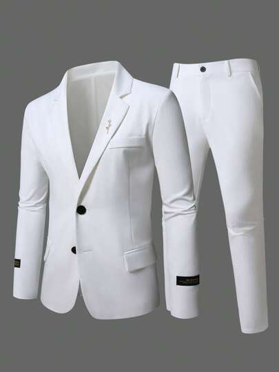 Manfinity Mode Traje casual de oficina para hombre de talla grande: Conjunto de chaqueta y pantalones. Trajes casuales para hombres, trajes de moda para hombres, trajes casuales para hombres, trajes elegantes para hombres de color blanco. Es excelente para parejas y hace un regalo estupendo para novios o esposos.