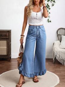 EMERY ROSE Women's Casual Washed Ruffle Hem Wide Leg Jeans - Blue - View 5