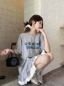 DAZY Women's Round Neck Graphic Bowknot Ruffle Hem Solid Letter Print Short Sleeve T-Shirt Cute Tops - Grey - View 5