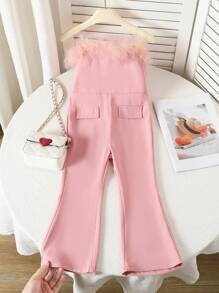 Young Girl Solid Pink Elegant Ruffled Flared Jumpsuit, Spring/Summer Family Matching Outfit - Pink - View 3