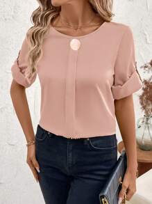 SHEIN Clasi Chemise de couleur unie à manches retroussées, décontractée et citadine pour femme en été - Rose pâle - Voir 2