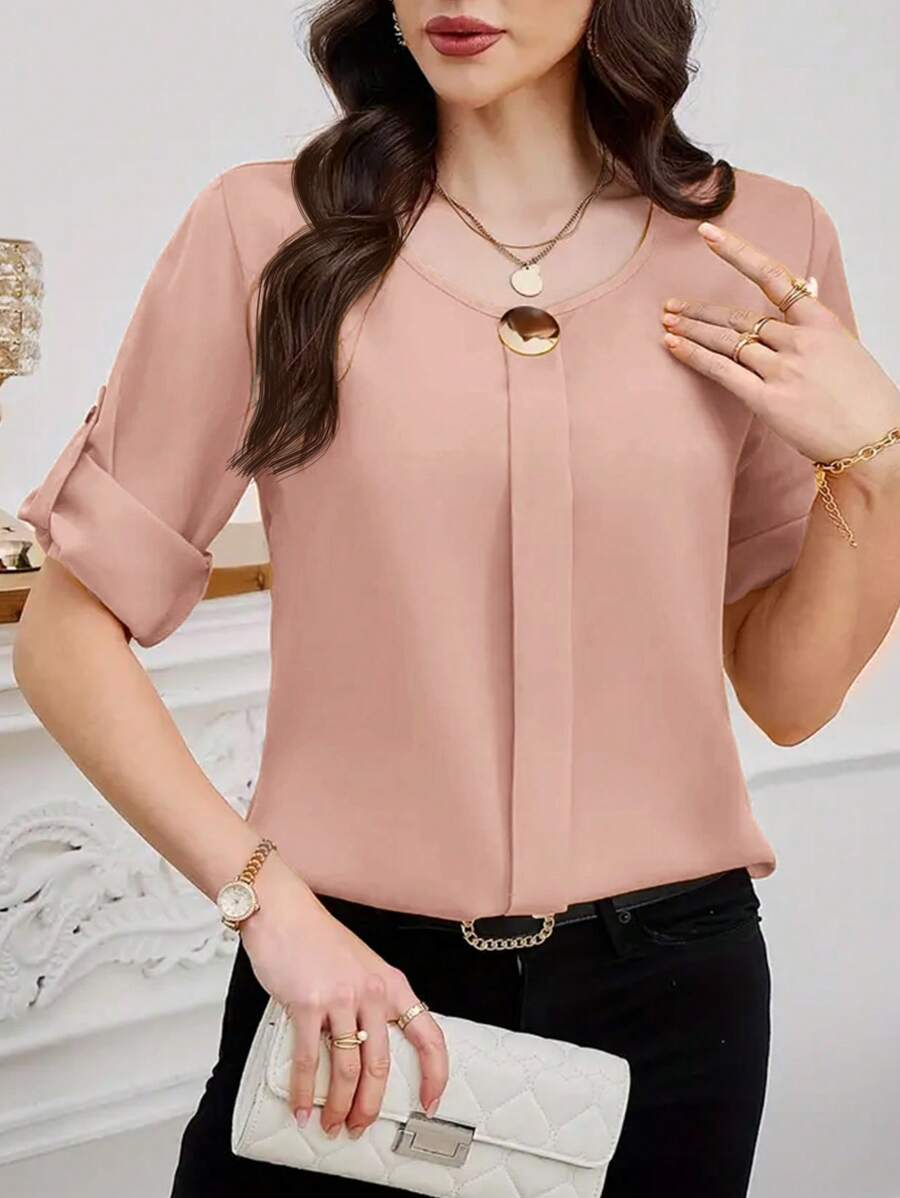 SHEIN Clasi Chemise de couleur unie à manches retroussées, décontractée et citadine pour femme en été - Rose pâle - Voir 1