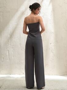 EURMUSE Women's Solid Gold Button Detailed Suit Set - Dark Grey - View 2