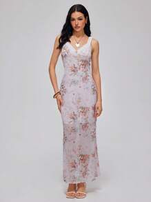 Roylia Robe fourreau moulante à fente et à maille, élégante et sexy avec un motif floral éparpillé - Multicolore - Voir 3