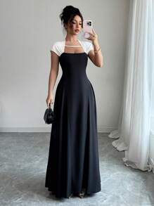 Elenzga 黑白撞色腰部褶饰优雅连衣裙