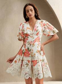 Anewsta Vestido informal para mujer con cuello en V de gasa, con estampado floral de peonía y aplicaciones de encaje