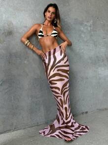 Aloruh Women's Tropical Forest Zebra Print Sexy Elegant Vintage Swimwear Set, Including Low-Waist Long Mermaid Skirt And Beach Cover-Up - Multicolor - View 4