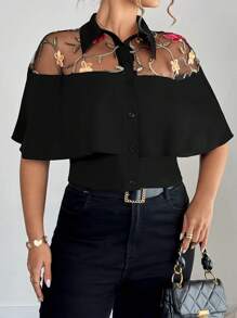 Elenzga Plus Size Women Lace Embroidery Splicing Woven Fabric Design Shirt Women Summer Clothing Woman S Summer Clothes Women Summer Sets Shirts For Women - Black - View 4