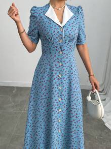 Modelyn Vestido elegante con manga corta de mujer con estampado floral tejido, panel de tela de contraste, botones delanteros y cintura ceñida