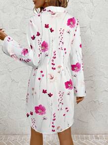 SHEIN Clasi Women's Fashion Versatile Commuter Floral Print Shirt Dress, Autumn/Winter - Hot Pink - View 3