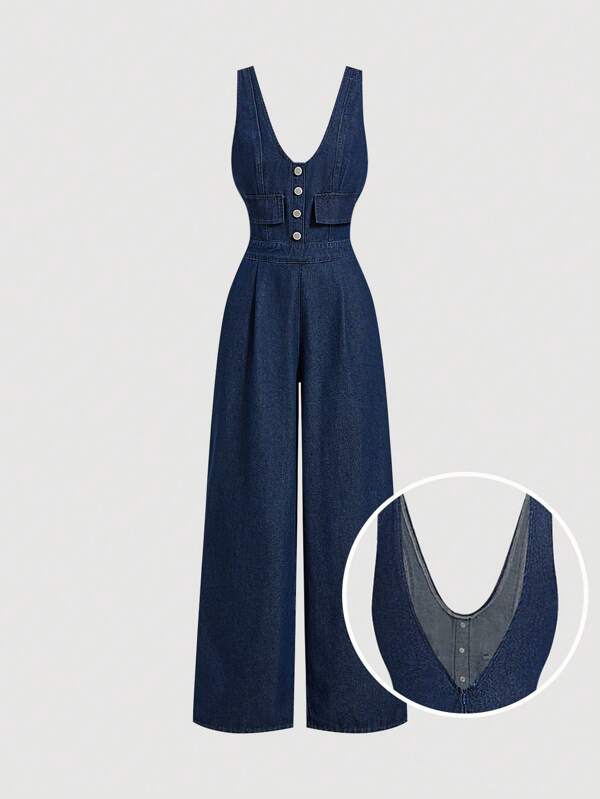 SHEIN MOD Plus Size Dark Blue Denim Jumpsuit Sleeveless Form-Fitting Wide Leg Pants Summer Outfits For Women Concert Outfit Women  Ibiza Outfits Business Casual Woman Overalls Airport Outfit For Women