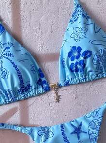 Swim Vcay Bộ bikini dây mảnh đính kim loại màu xanh gợi cảm dành cho nữ mùa xuân, họa tiết ngẫu nhiên, trang phục đi biển mùa hè - Nhiều màu - Xem 5