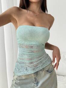 Muchica Women's Mint Green Lace Bandeau Top, Casual Summer