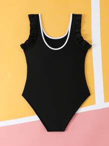Tween Girl Black Hollow One-Piece Swimsuit - Black and White - View 2